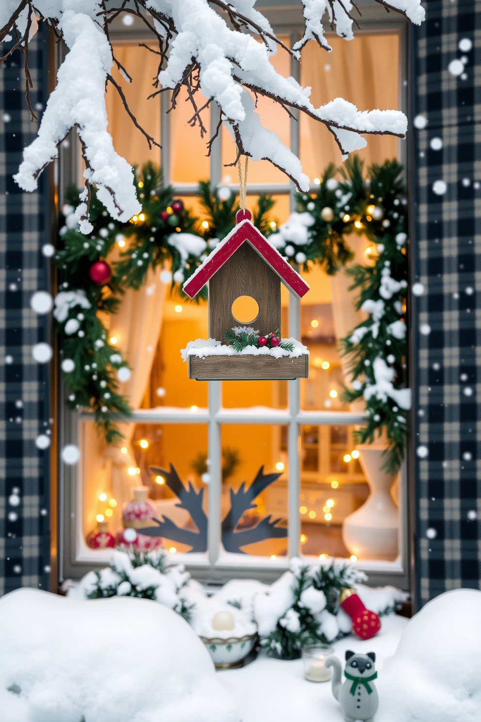 A charming winter scene featuring a beautifully crafted bird feeder hanging from a snow-covered tree branch. Surrounding the feeder, delicate snowflakes gently fall, creating a serene atmosphere for winter wildlife. An inviting window display adorned with festive decorations, showcasing evergreen garlands and twinkling fairy lights. The window is framed with cozy plaid curtains, adding warmth and charm to the winter decor.