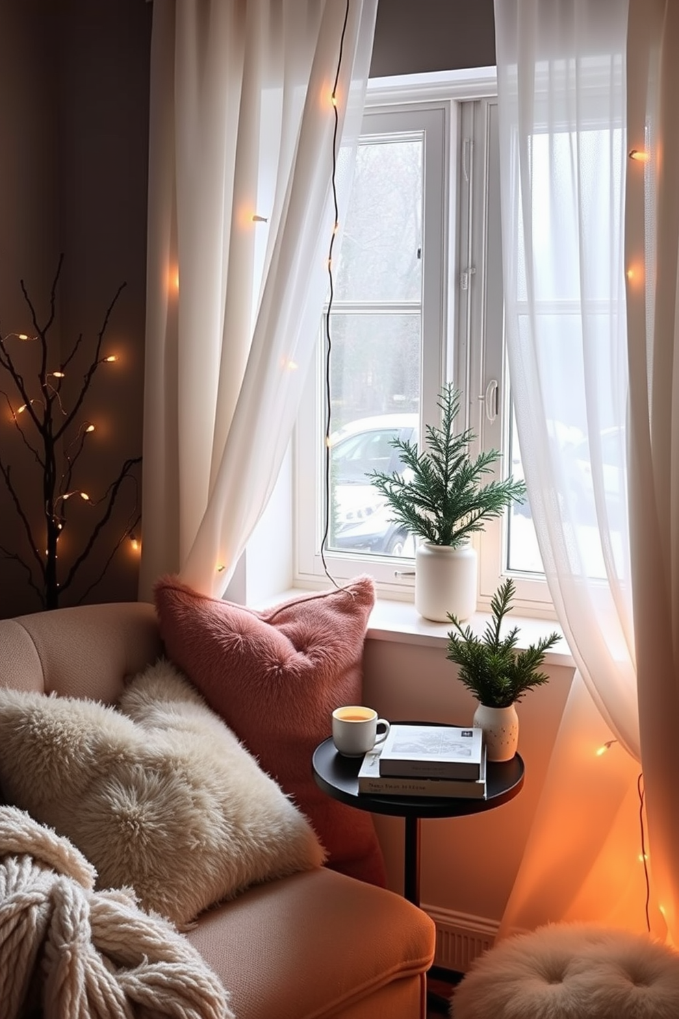 Create a cozy nook with plush cushions in soft, warm colors. The nook features a comfortable armchair and a small side table adorned with a steaming cup of tea and a stack of books. Winter window decorating ideas include hanging delicate fairy lights and draping soft, white sheer curtains. A small evergreen arrangement sits on the windowsill, bringing a touch of nature indoors.