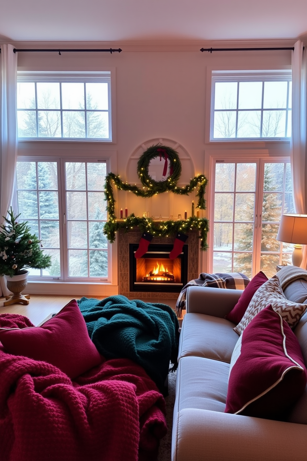 A cozy living room adorned with festive window clings that bring a cheerful ambiance. The large windows are framed with soft white curtains, and the clings depict snowflakes and holiday motifs, enhancing the winter theme. A warm fireplace sits opposite the windows, decorated with garlands and stockings. Plush throw blankets and pillows in rich reds and greens invite relaxation and warmth during the chilly season.