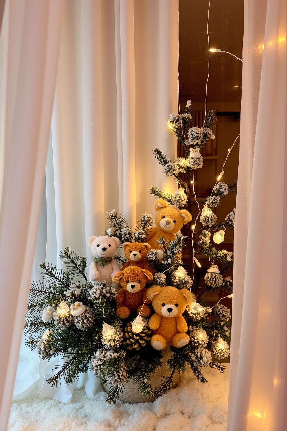 A cozy winter window display featuring a whimsical arrangement of stuffed animals nestled among frosted pine branches and twinkling fairy lights. The backdrop is a soft, snowy white curtain that gently frames the scene, creating a warm and inviting atmosphere.