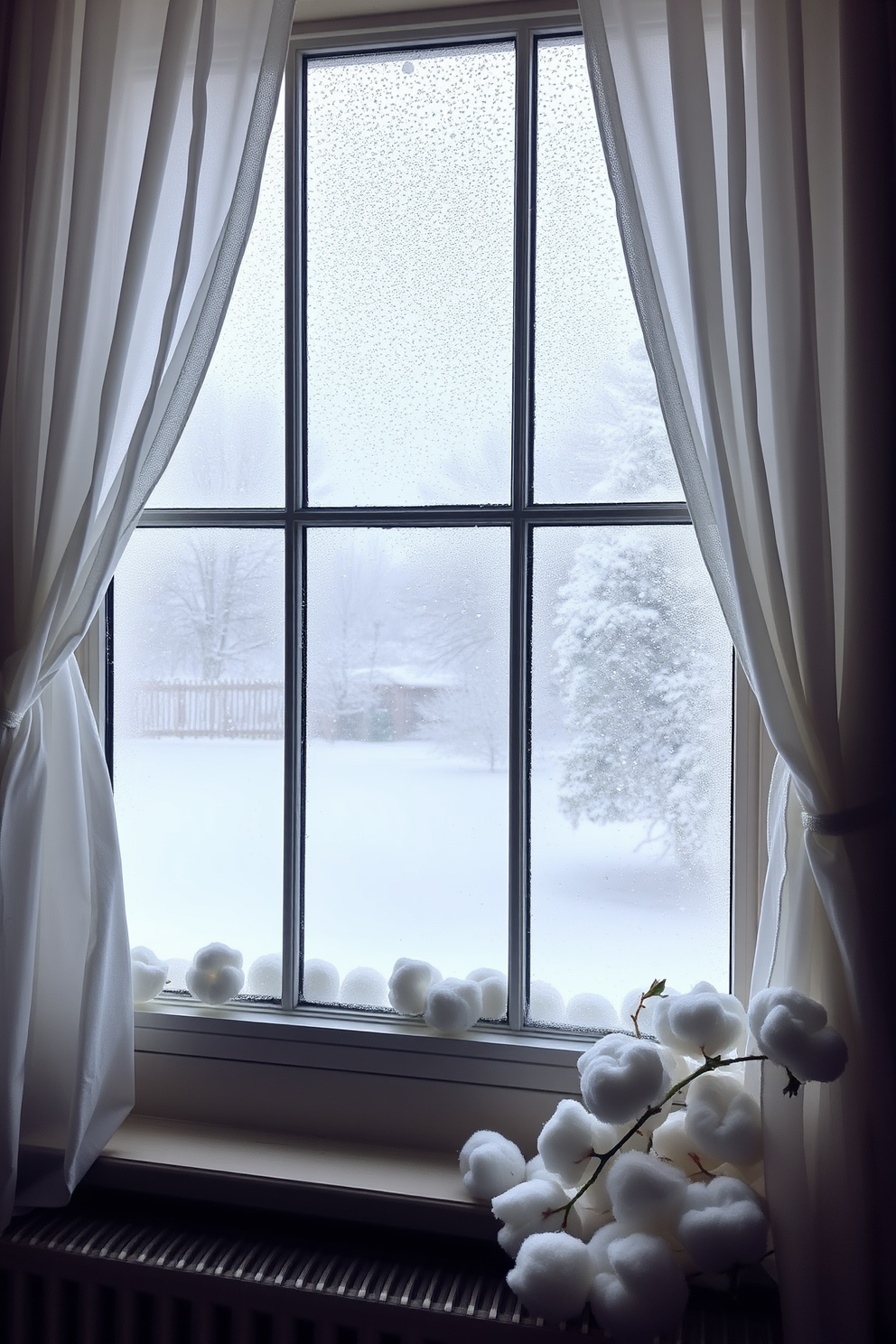 Create a cozy winter window scene featuring a large window adorned with frosted glass and delicate white curtains. Outside, snowflakes gently fall, blanketing the ground in a soft layer of white, while cotton balls are artfully arranged on the window sill to mimic freshly fallen snow.