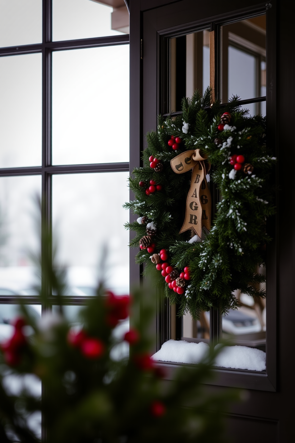 A cozy winter scene featuring a beautifully crafted winter wreath displayed prominently on a large window. The wreath is adorned with pinecones, red berries, and a subtle hint of snow, creating a warm and inviting atmosphere.