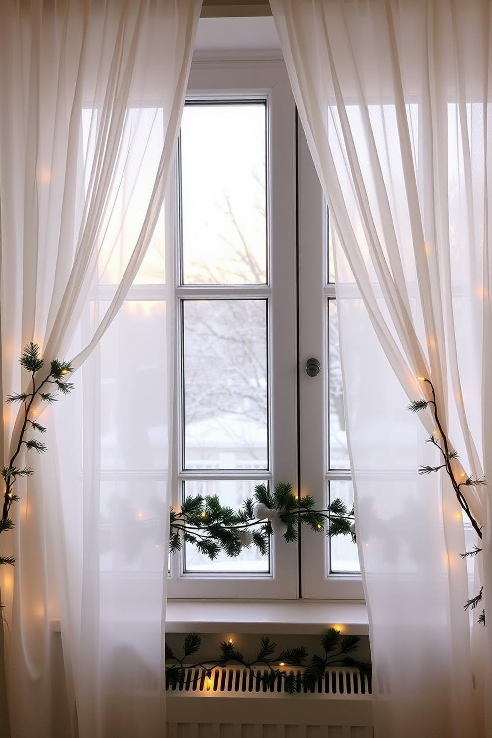 A cozy winter window setting adorned with sheer curtains that gently filter soft natural light into the room. The windows are framed with delicate garlands of pine and twinkling fairy lights, creating a warm and inviting atmosphere.