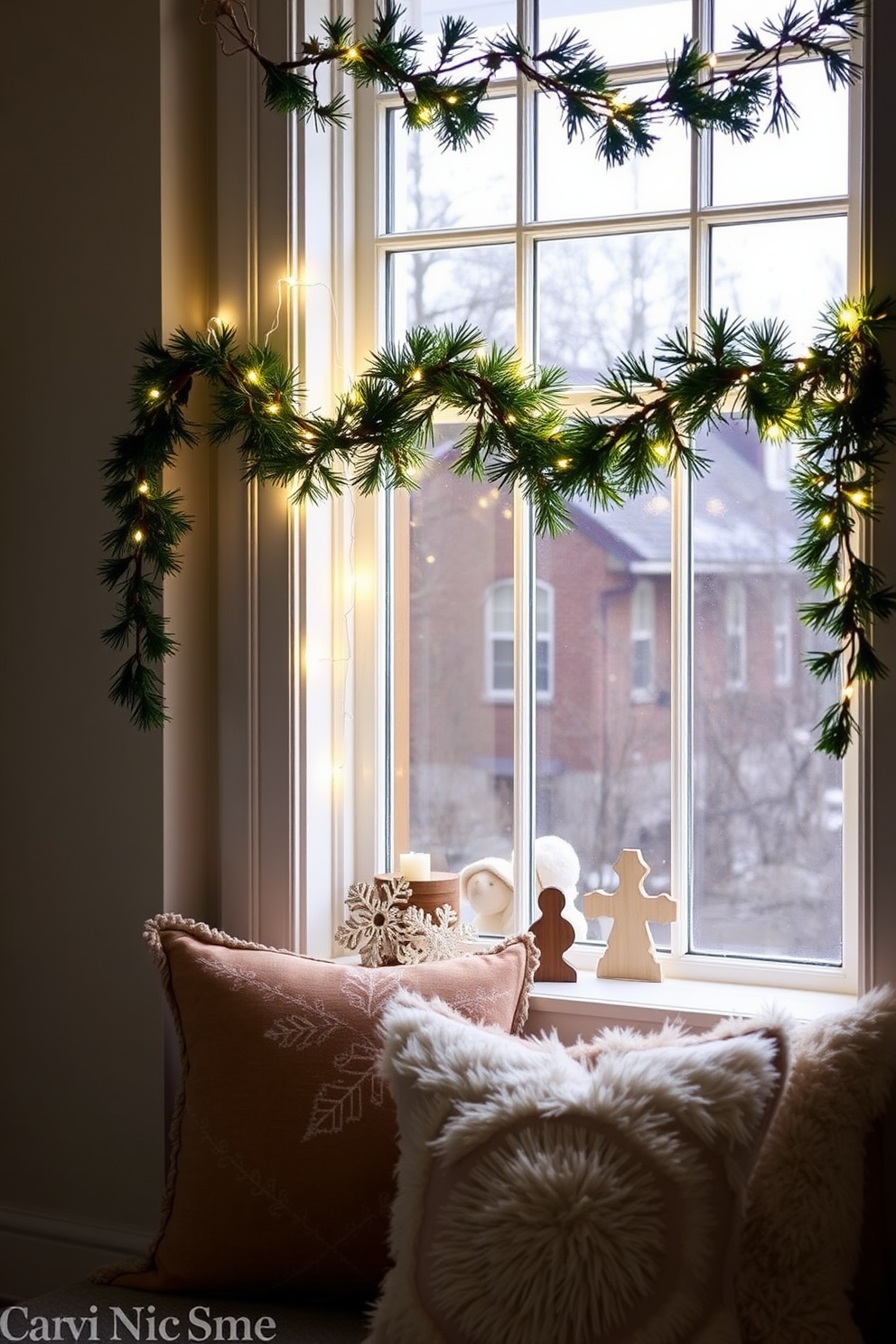 Hang pine garlands across the top of the window frame to bring a natural touch to your winter decor. Add twinkling fairy lights intertwined within the garlands for a warm and inviting glow. Consider placing a few decorative snowflakes or wooden ornaments on the window sill to enhance the seasonal theme. Complete the look with a cozy window seat adorned with soft, plush cushions in winter hues.