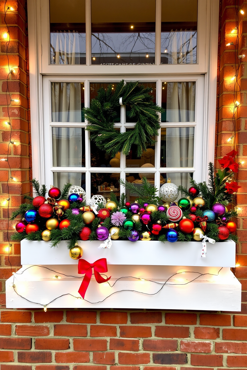 A charming winter window display features vibrant window boxes filled with an array of colorful ornaments and seasonal greenery. The scene is enhanced by twinkling fairy lights wrapped around the window frame, creating a warm and inviting atmosphere.